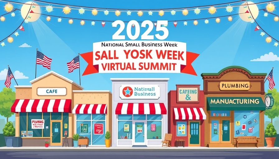 Empowering small businesses with cartoon illustration of diverse shops for 2025 summit.