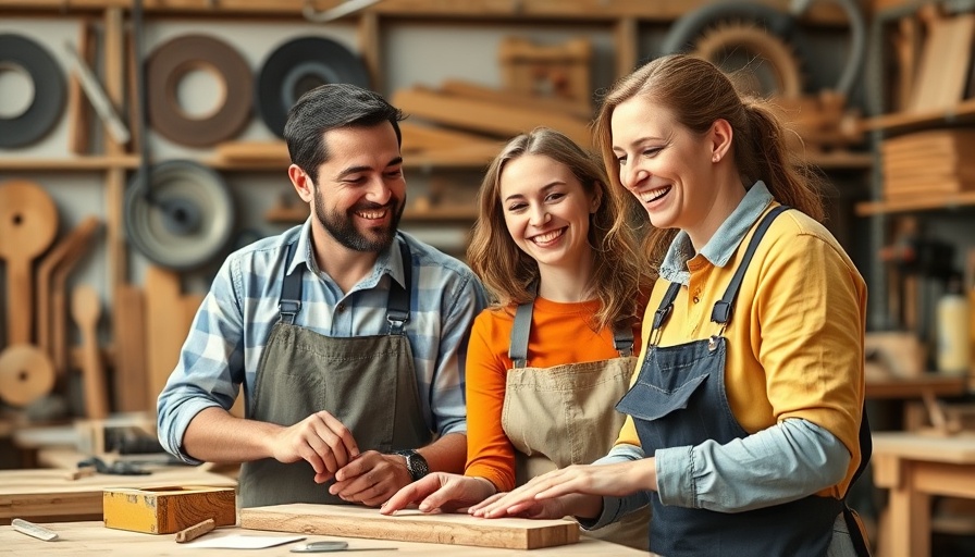 Workers discussing ideas in a workshop, smiling, highlighting empowerment.