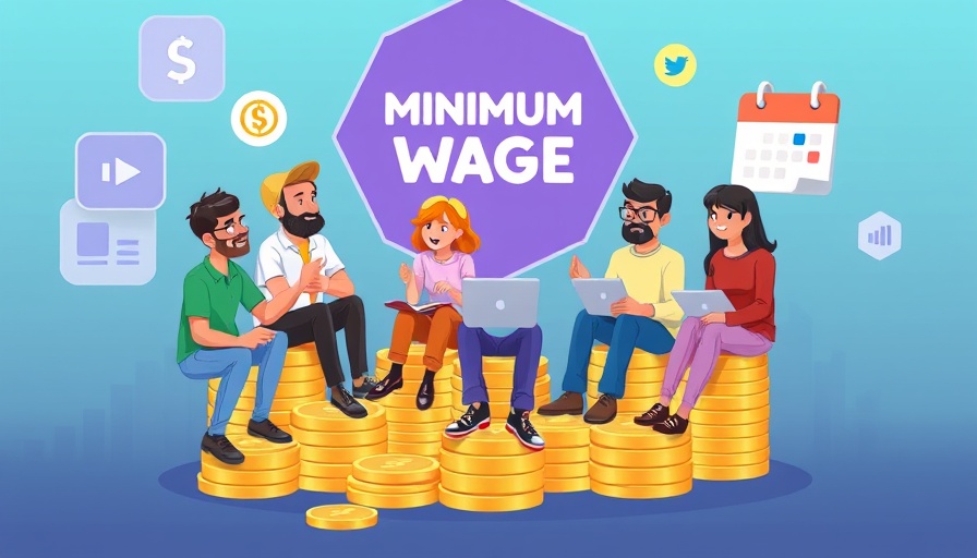 Colorful illustration of minimum wage updates 2025 featuring people on coins.