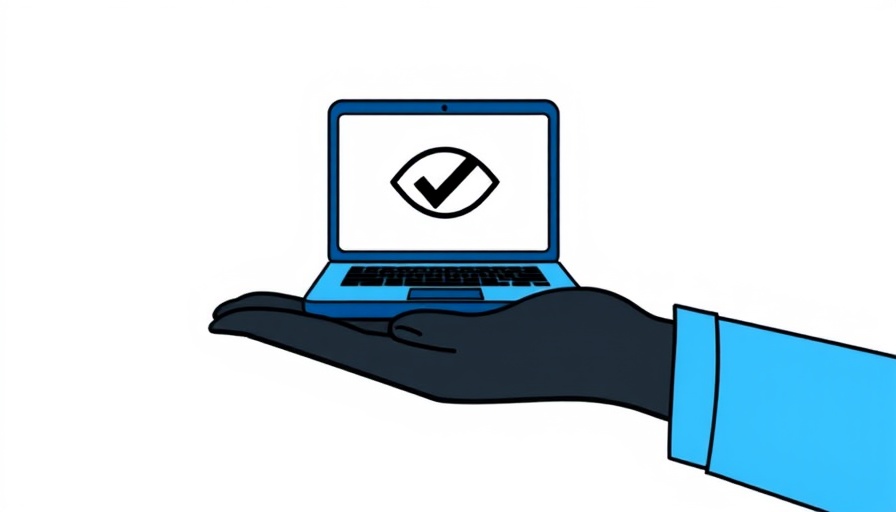 Simplistic illustration with hand, laptop, eye, and checkmark symbol.
