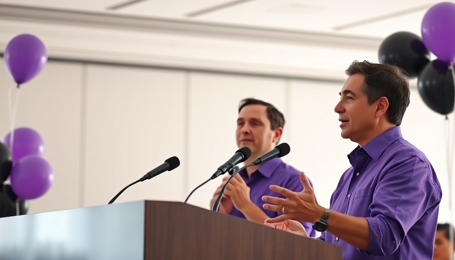 Company ERG launches event with presenters at podium and balloons.
