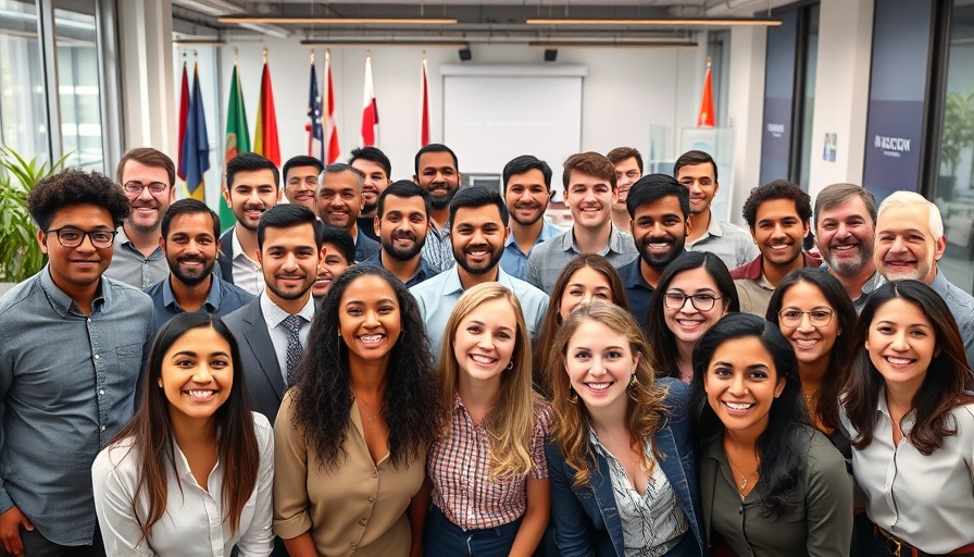 Diverse employees group photo at company ERG launch event in office.