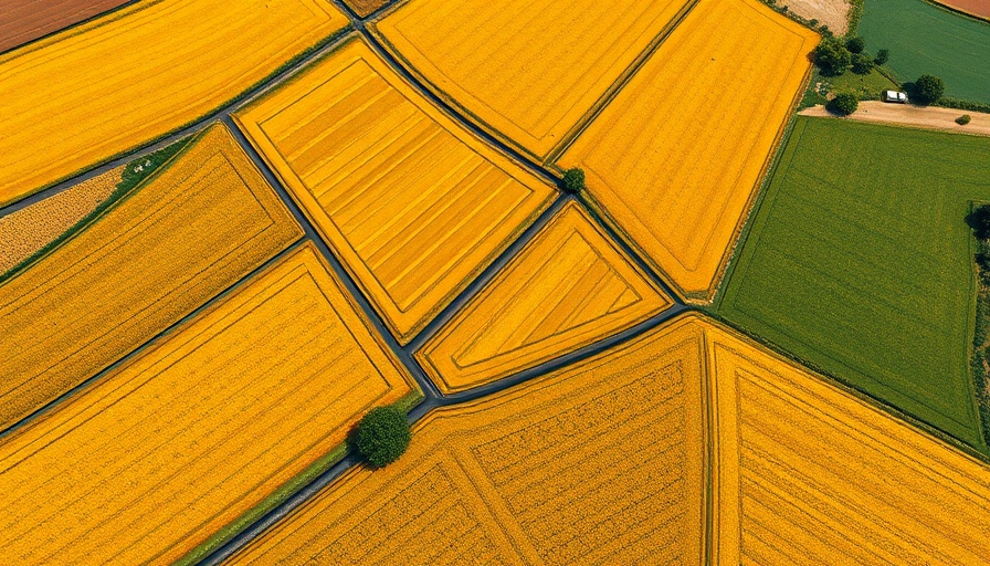 Aerial view of farmland with geometric patterns and green patches, ERG news 2025.