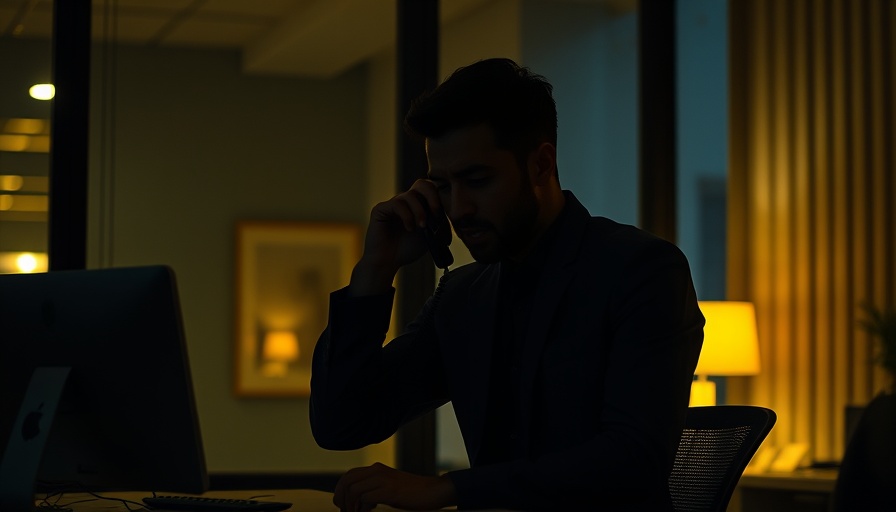 Silhouetted office worker, stressed, on infinite workday, multitasking.