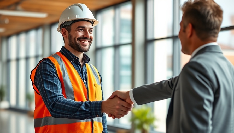 Construction worker and businessman handshake in office, labor shortage hiring trends.