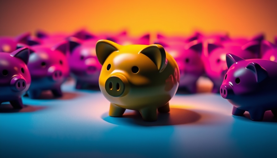 Yellow piggy bank surrounded by purple piggies in spotlight