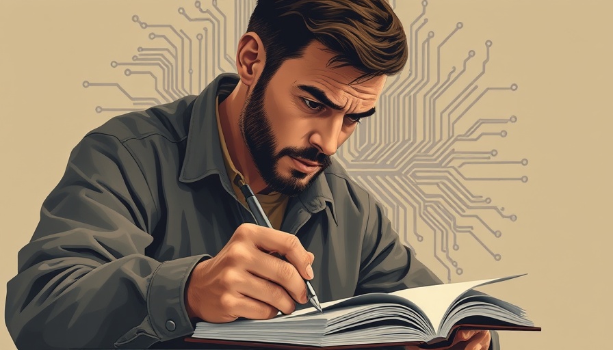 Why Write in the Age of AI: Man writing beside AI silhouette.