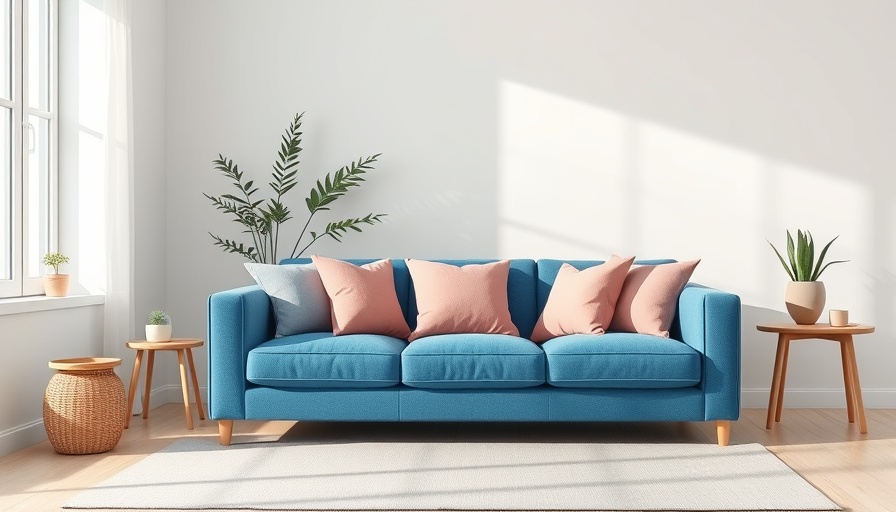 Modern decor in a light-filled living room with a blue sofa and pink cushions.