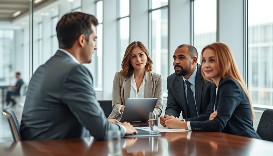 Three professionals discussing hiring trends in a modern office setting.
