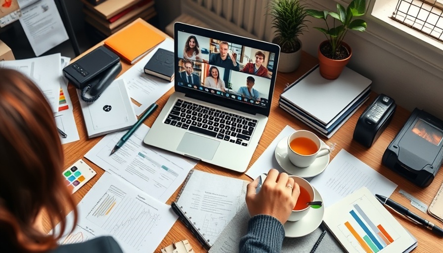 Remote work setup with video call, highlighting cybersecurity risks.