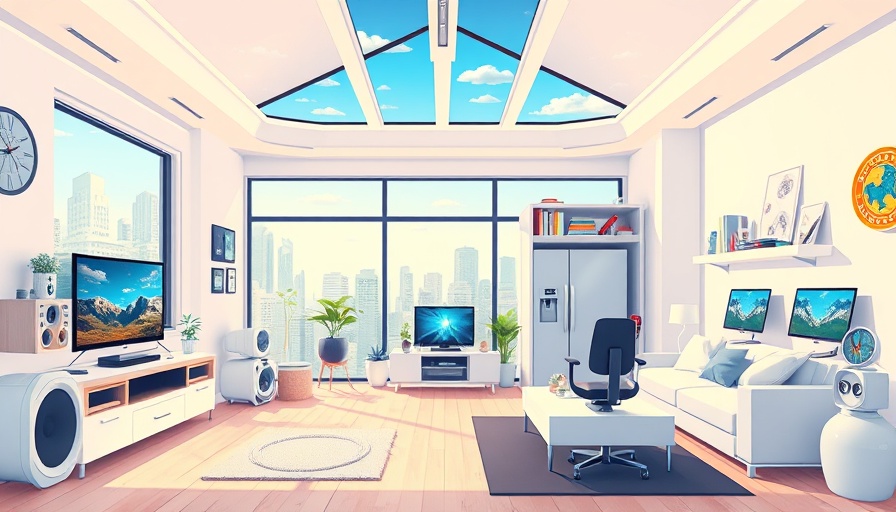 Illustration of a futuristic smart home with devices in 2025.