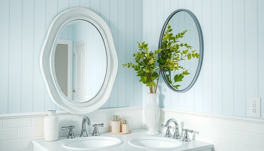Anthropologie home and fashion favorites: powder blue bathroom with wavy mirror.