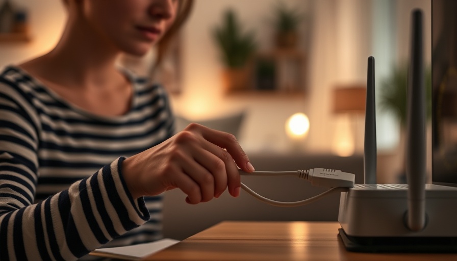 Woman setting up internet router in cozy home setting.