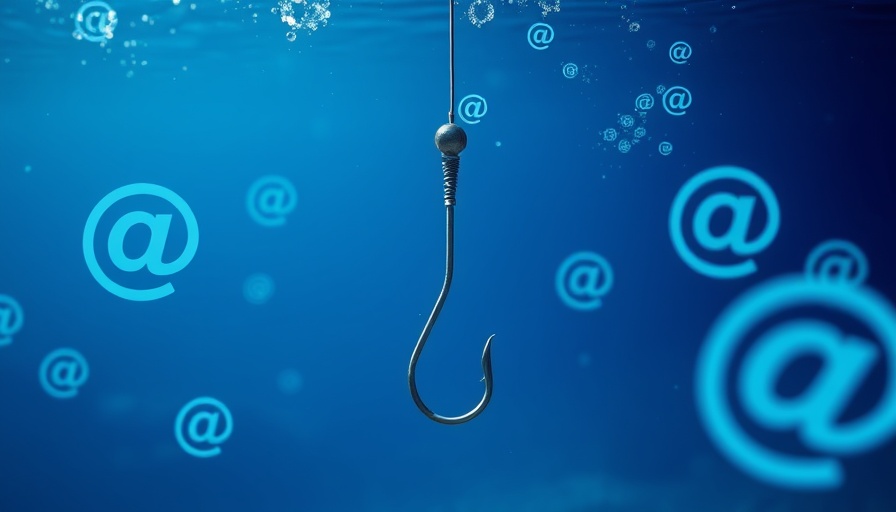 Phishing tactics for military families depicted by a hook and '@' symbols underwater.