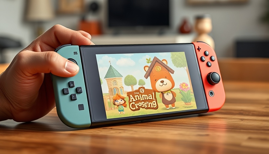 Animal Crossing-themed Nintendo Switch accessory held on wooden table.