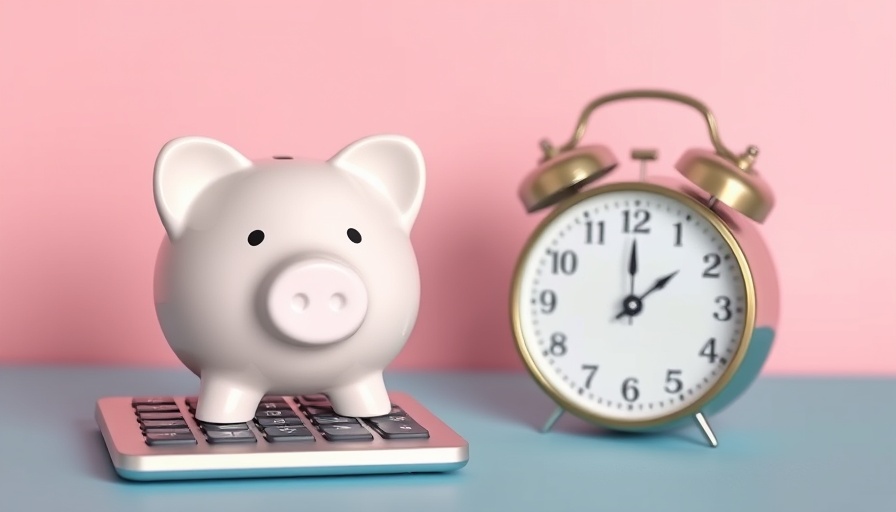 Piggy bank and clock on calculator in pink-blue light, symbolic of negotiating a better deal for home internet.