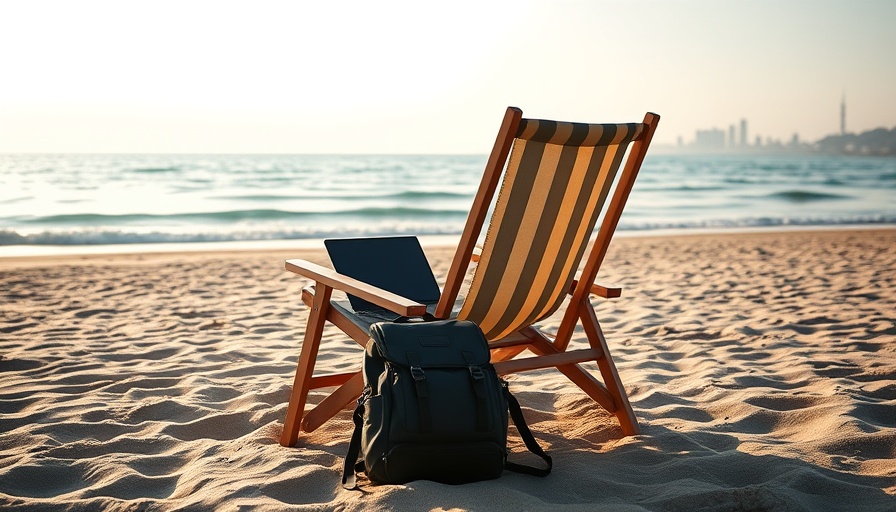 Workcations benefits for employees: beach setup with laptop and chair.