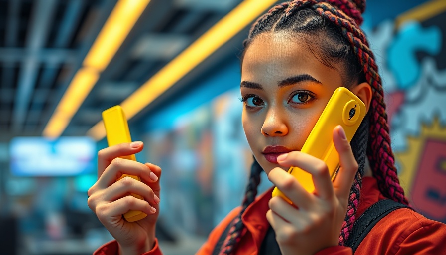 Futuristic style woman with AI handset in modern setting.