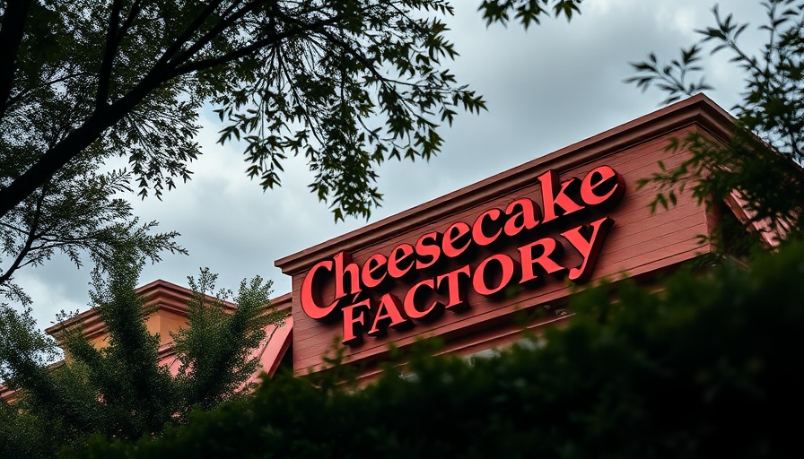 The Cheesecake Factory sign on building facade with cloudy sky.