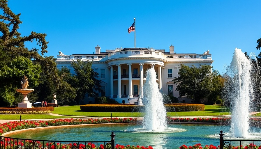 White House facade under clear sky with garden and American flag.