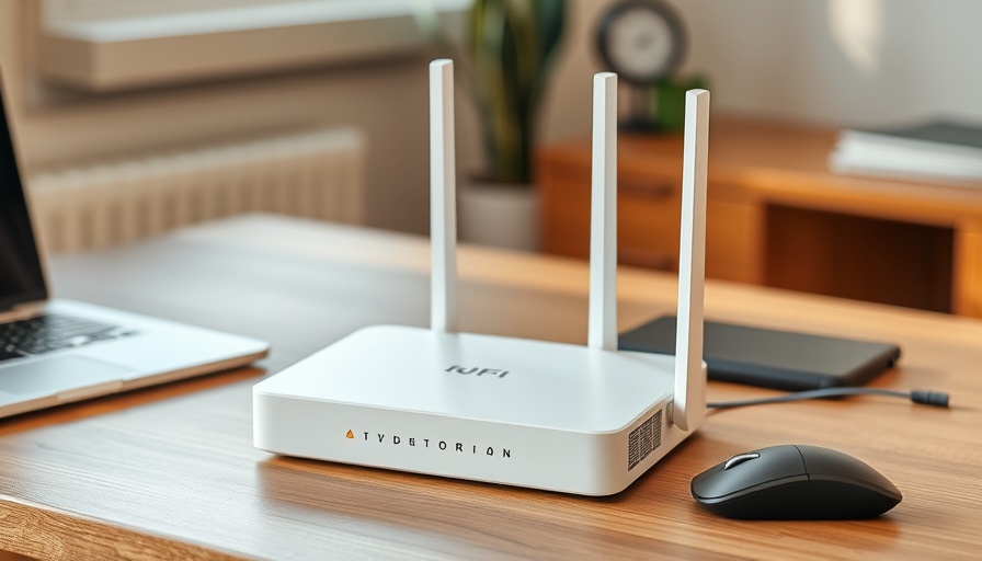 Modern router with laptop and mouse, desk setup for router tweaks.