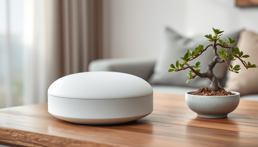 Eero mesh Wi-Fi router next to bonsai tree, modern home.