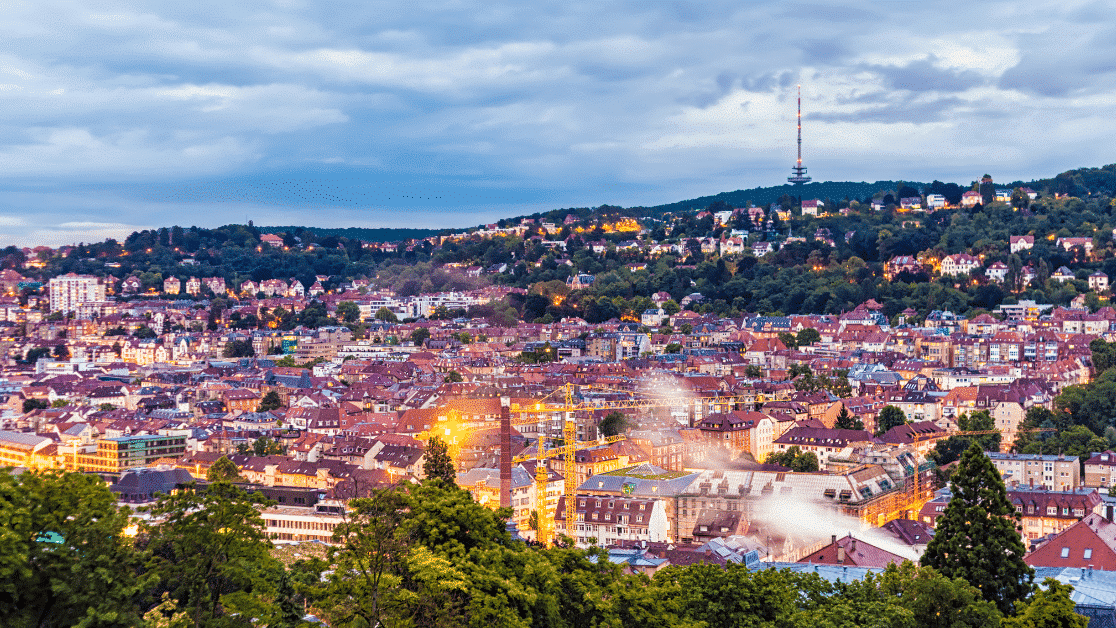 Aerial view of Stuttgart cityscape with vibrant rooftops.