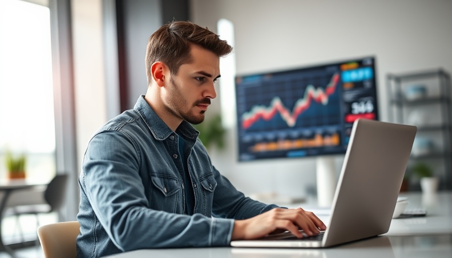 Man engaged in corporate learning with laptop and data charts.