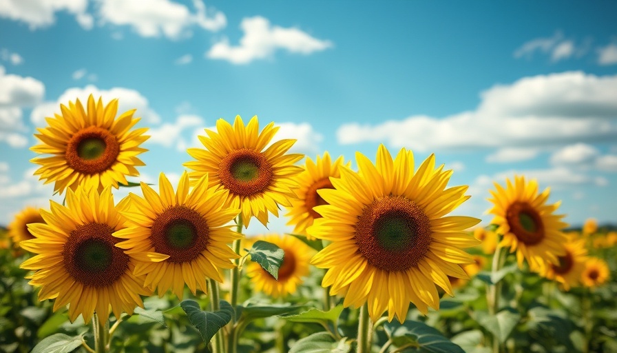 Bright sunflowers in Omaha under a blue sky with clouds.
