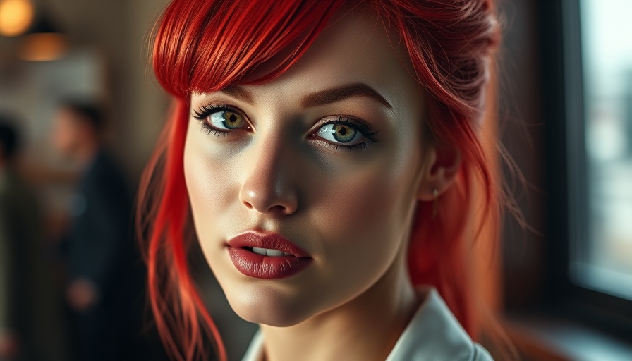 Confident woman with red hair considering career change from tech to welding.