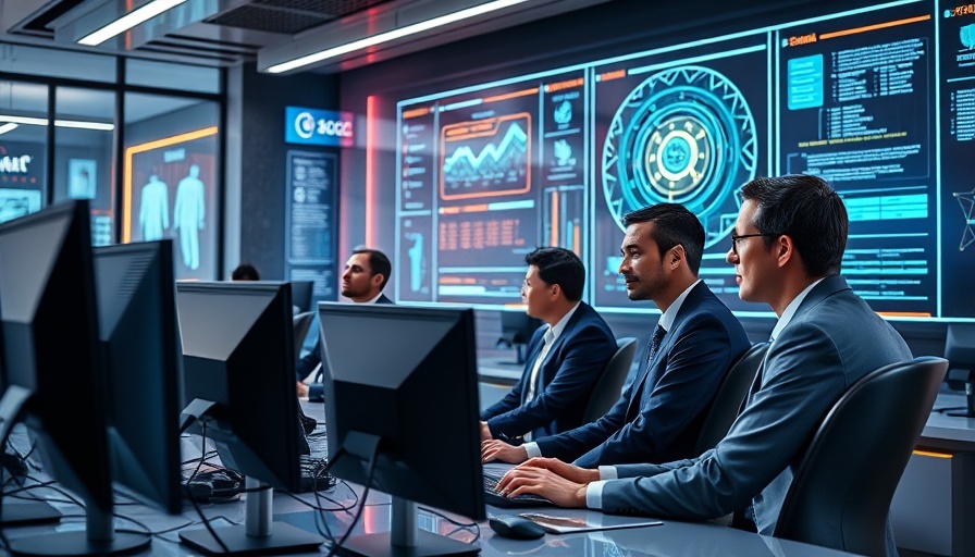 AI in employee compensation strategies: High-tech office with digital AI display.