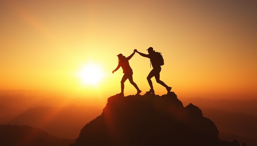 Silhouetted figures building trust in employee dynamics on a sunny mountain.