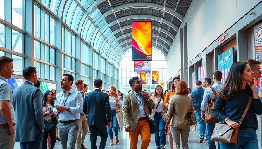 Diverse professionals at a convention, discussing employee engagement.