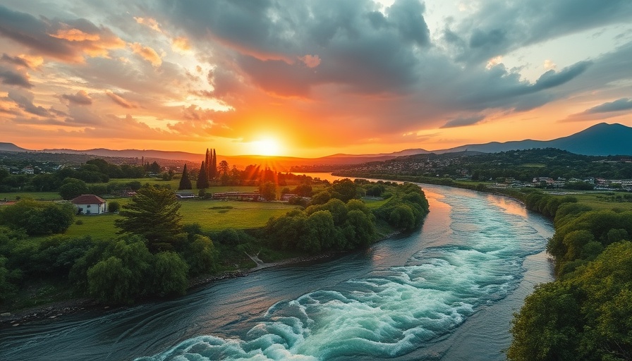 Idyllic river landscape at sunset, capturing tranquility and nature's flow.
