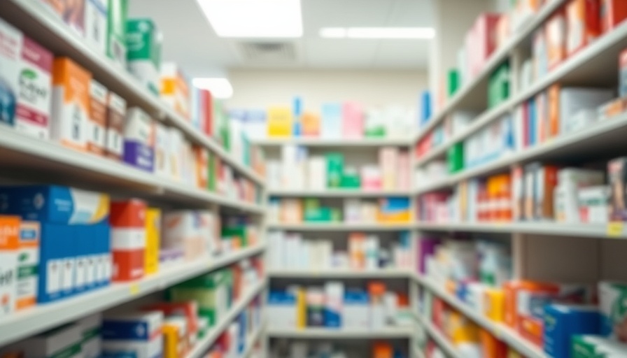 Blurred pharmacy shelves filled with assorted medications under bright lighting.