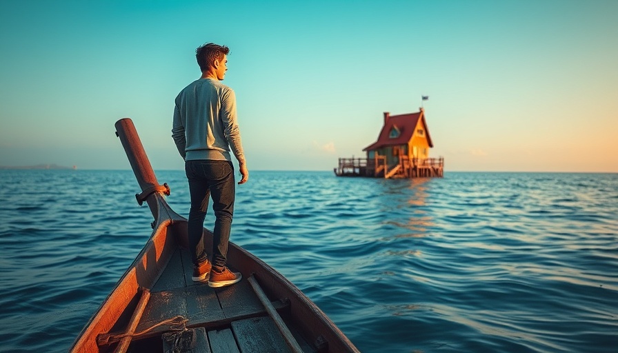 Young man on sinking boat, distant house; Gen Z job market divide.