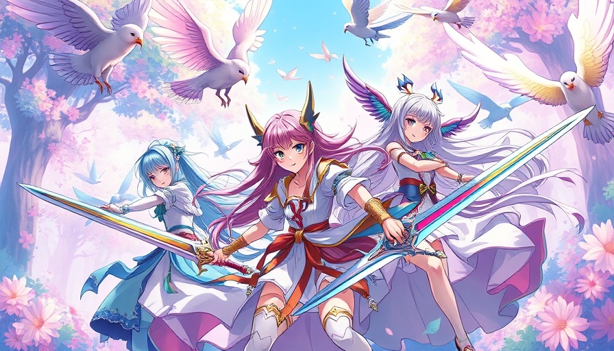 Anime characters in fantasy setting, vibrant birds around them.