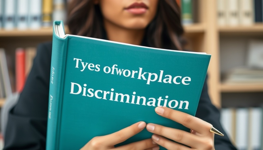 Close-up of book titled 'Types of Workplace Discrimination' held by person.