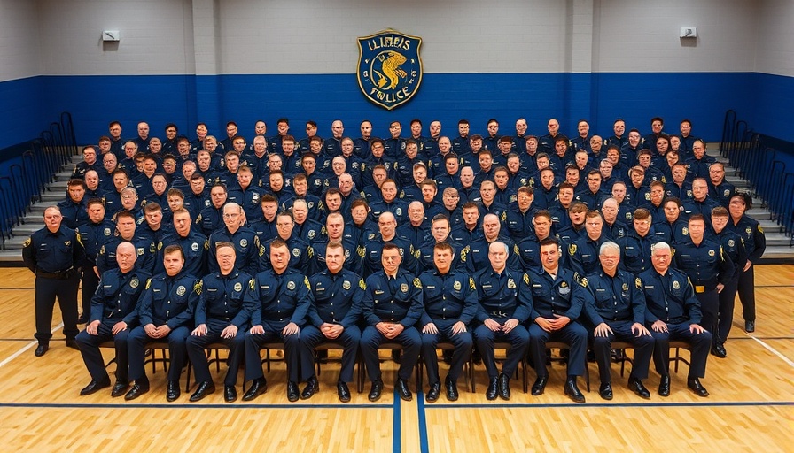 Illinois State Police new troopers formal group photo in gymnasium.