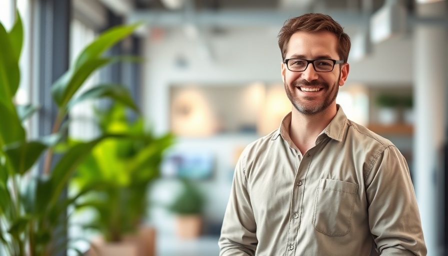 Smiling man in modern, bright workplace, representing Amazon reading culture.