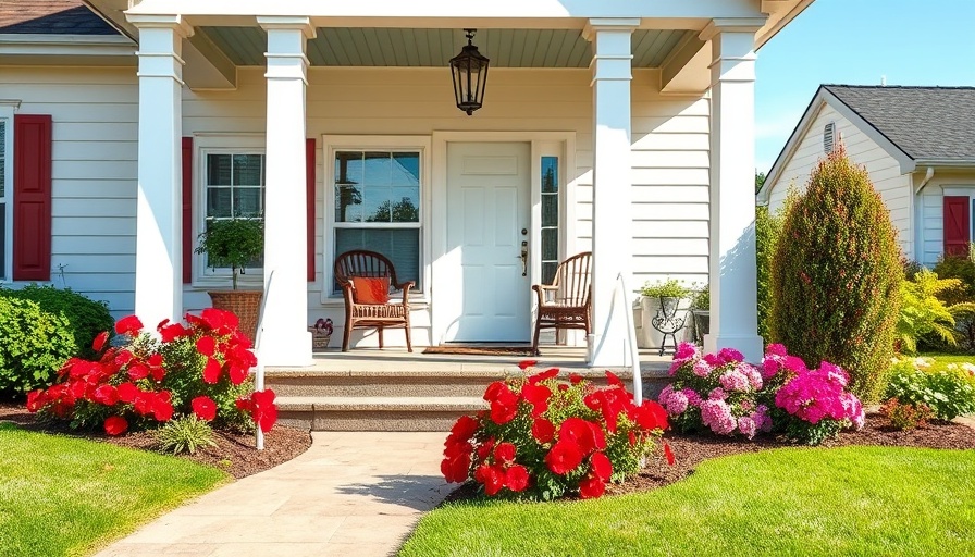 Inviting Omaha home entrance with vibrant flowerbeds and porch.