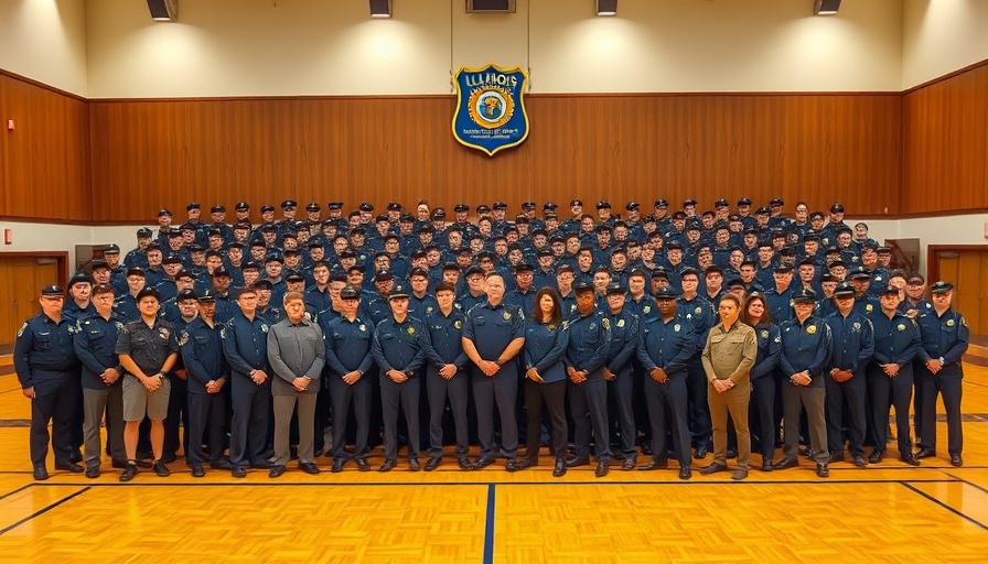 Illinois State Police Cadet Class 150 graduation group photo in gymnasium.