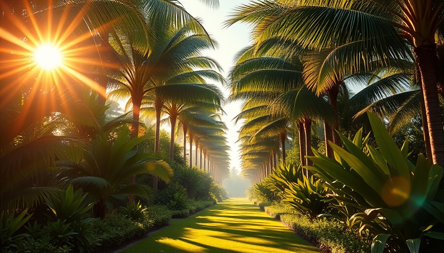 Sunlit path with palm trees in Florida, depicting a tropical vibe.