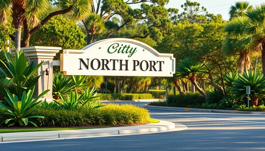 North Port entrance sign surrounded by nature, Florida.