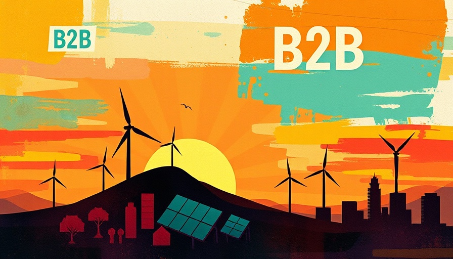 Abstract illustration of B2B sustainability opportunities, featuring wind turbines and solar panels.