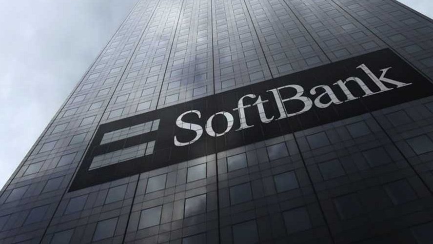 SoftBank corporate sign in a modern interior setting.