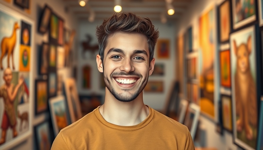Gen Z stare engagement: smiling man in colorful art gallery.
