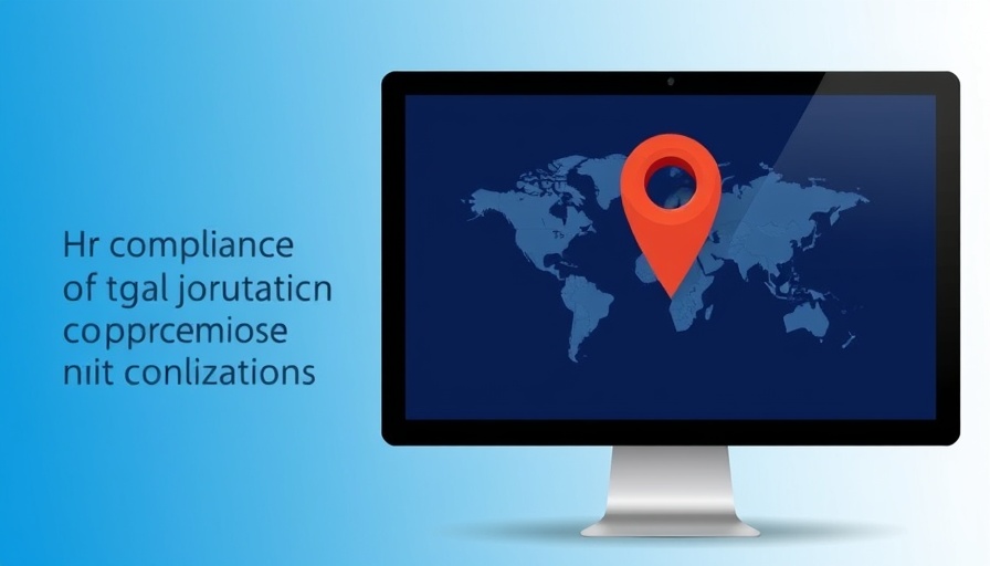 HR compliance digital illustration with location pin and map on screen.