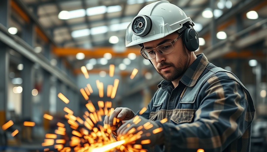 HR technology in manufacturing: Worker using grinder in factory.