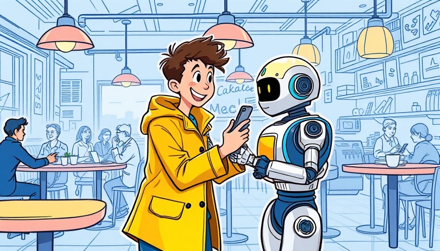Cartoon of person and robot interacting in a cafe, illustrating AI's role in research.